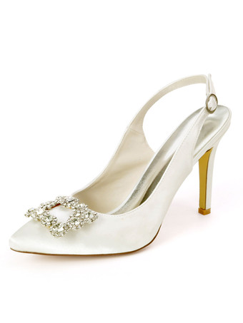 アイボリー ウェディングゲストサテンロイヤルブルーポインテッドトゥラインストーンスティレットブライダルシューズ