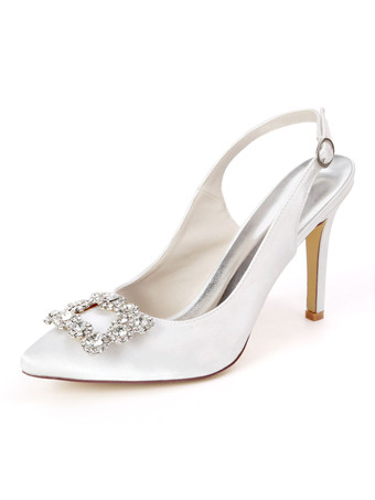 ホワイト ウェディングゲストサテンロイヤルブルーポインテッドトゥラインストーンスティレットブライダルシューズ