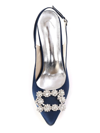 ウェディングゲストサテンロイヤルブルーポインテッドトゥラインストーンスティレットブライダルシューズ