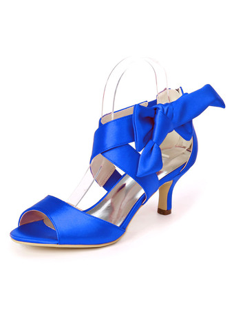 ロイヤルブルーアイボリーのウェディングシューズサテンオープントゥ弓子猫かかと2.4 "ブライダルシューズ