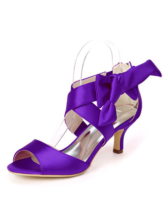 モーブ アイボリーのウェディングシューズサテンオープントゥ弓子猫かかと2.4 "ブライダルシューズ