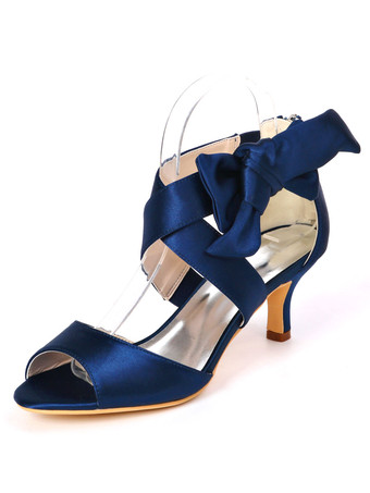 ディープブルーアイボリーのウェディングシューズサテンオープントゥ弓子猫かかと2.4 "ブライダルシューズ