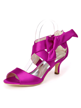 パープル アイボリーのウェディングシューズサテンオープントゥ弓子猫かかと2.4 "ブライダルシューズ