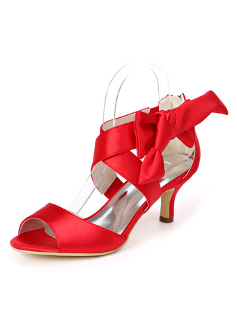 レッドアイボリーのウェディングシューズサテンオープントゥ弓子猫かかと2.4 "ブライダルシューズ