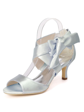 シルバー アイボリーのウェディングシューズサテンオープントゥ弓子猫かかと2.4 "ブライダルシューズ