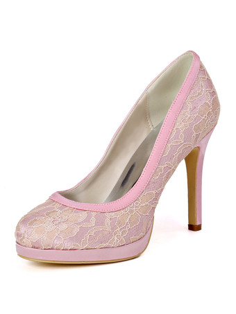 ピンク 結婚式のゲストの靴レースアイボリーラウンドつま先スチレットヒール4.3 "ブライダルシューズ