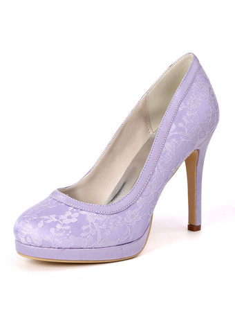 ライラック結婚式のゲストの靴レースアイボリーラウンドつま先スチレットヒール4.3 "ブライダルシューズ