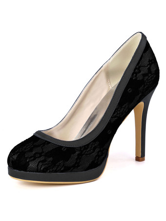 ブラック 結婚式のゲストの靴レースアイボリーラウンドつま先スチレットヒール4.3 "ブライダルシューズ