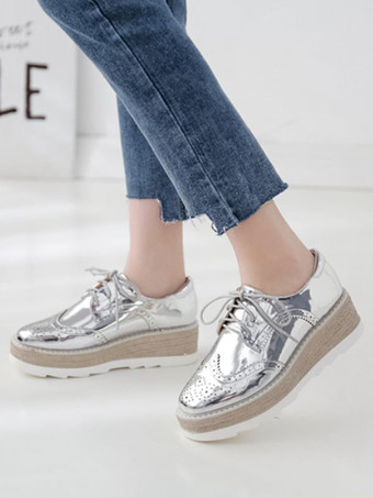 ブラックオックスフォードレディーススクエアトゥPUレザーレースアップフラットフォームカジュアルシューズ