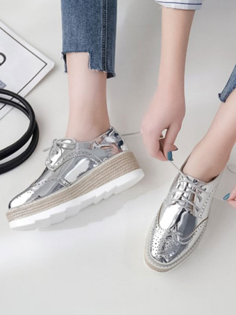 ブラックオックスフォードレディーススクエアトゥPUレザーレースアップフラットフォームカジュアルシューズ