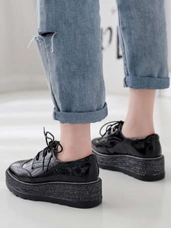 ブラックオックスフォードレディーススクエアトゥPUレザーレースアップフラットフォームカジュアルシューズ