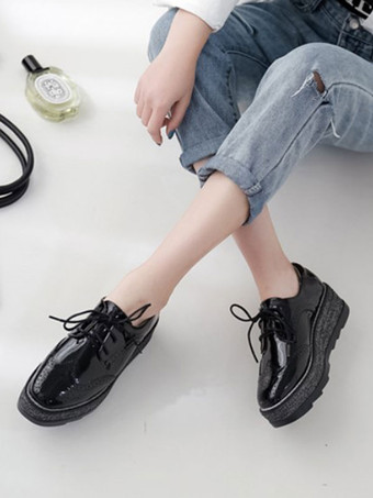 ブラックオックスフォードレディーススクエアトゥPUレザーレースアップフラットフォームカジュアルシューズ