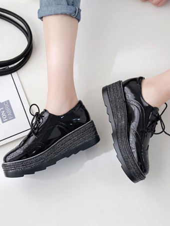 ブラックオックスフォードレディーススクエアトゥPUレザーレースアップフラットフォームカジュアルシューズ