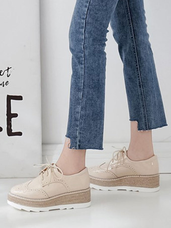 ブラックオックスフォードレディーススクエアトゥPUレザーレースアップフラットフォームカジュアルシューズ