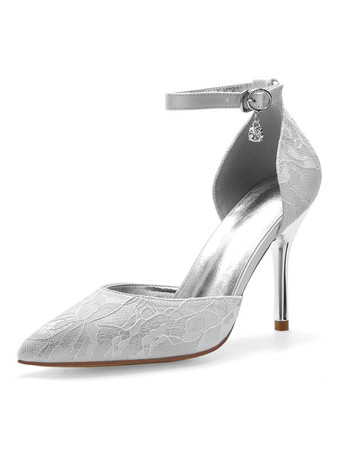 シルバー ハイヒールのウェディングシューズレースシャンパンポインテッドトゥラインストーンアンクルストラップブライダルシューズ