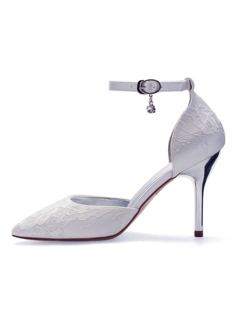 ハイヒールのウェディングシューズレースシャンパンポインテッドトゥラインストーンアンクルストラップブライダルシューズ