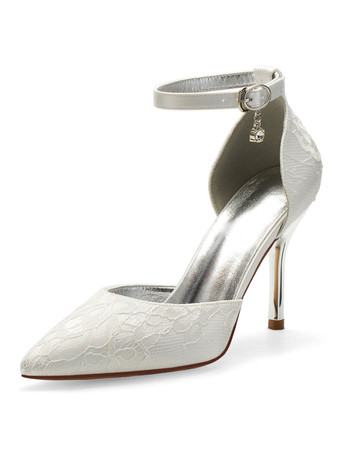 アイボリーハイヒールのウェディングシューズレースシャンパンポインテッドトゥラインストーンアンクルストラップブライダルシューズ