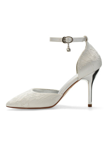 ハイヒールのウェディングシューズレースシャンパンポインテッドトゥラインストーンアンクルストラップブライダルシューズ