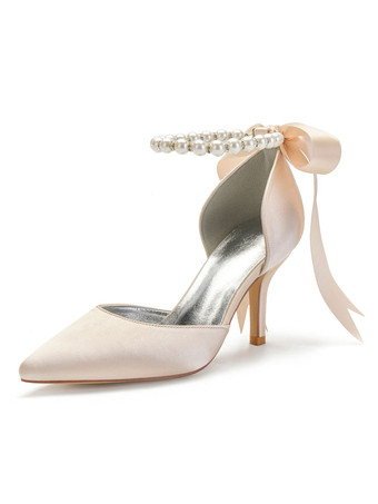 シャンパンカラーサテンのウェディングシューズローズ先のとがったつま先弓スチレットヒールブライダルシューズ