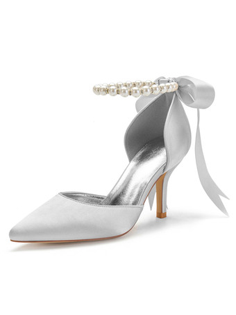 シルバー サテンのウェディングシューズローズ先のとがったつま先弓スチレットヒールブライダルシューズ