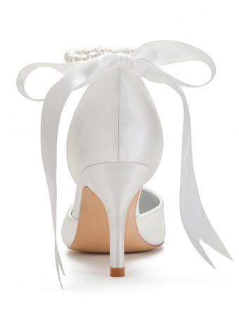 サテンのウェディングシューズローズ先のとがったつま先弓スチレットヒールブライダルシューズ