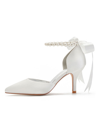 サテンのウェディングシューズローズ先のとがったつま先弓スチレットヒールブライダルシューズ