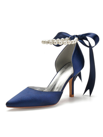 ディープブルーサテンのウェディングシューズローズ先のとがったつま先弓スチレットヒールブライダルシューズ
