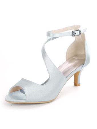 シルバー アイボリーウェディングシューズサテンオープントゥキトンヒールブライダルシューズ