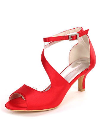 レッドアイボリーウェディングシューズサテンオープントゥキトンヒールブライダルシューズ