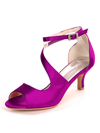 パープル アイボリーウェディングシューズサテンオープントゥキトンヒールブライダルシューズ