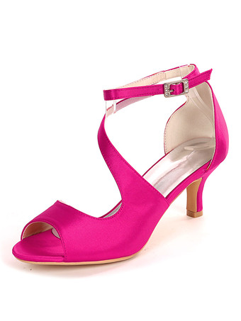 ローズレッドアイボリーウェディングシューズサテンオープントゥキトンヒールブライダルシューズ