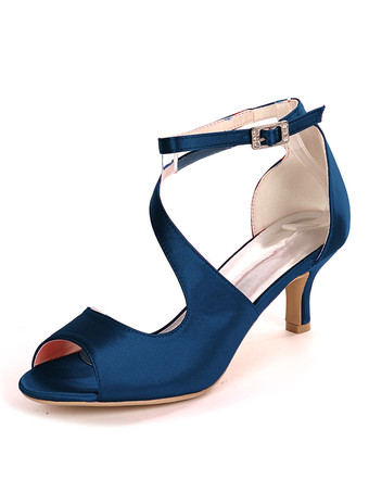 ディープブルーアイボリーウェディングシューズサテンオープントゥキトンヒールブライダルシューズ