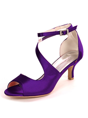 モーブ アイボリーウェディングシューズサテンオープントゥキトンヒールブライダルシューズ