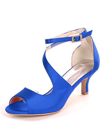 ロイヤルブルーアイボリーウェディングシューズサテンオープントゥキトンヒールブライダルシューズ