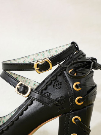 甘いロリータシューズラウンドトゥレースアップPUレザーロリータパンプス