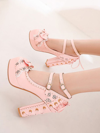 甘いロリータシューズラウンドトゥレースアップPUレザーロリータパンプス