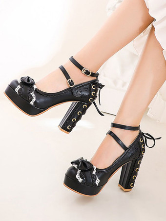 甘いロリータシューズラウンドトゥレースアップPUレザーロリータパンプス
