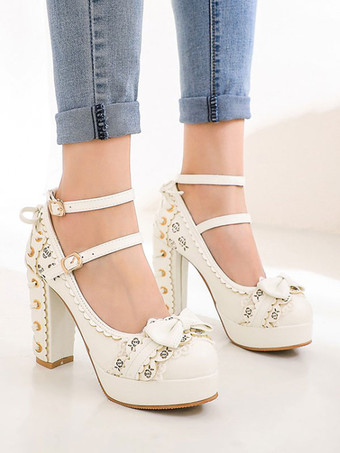 ホワイト 甘いロリータシューズラウンドトゥレースアップPUレザーロリータパンプス