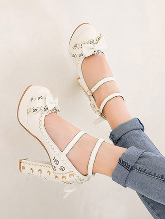 甘いロリータシューズラウンドトゥレースアップPUレザーロリータパンプス