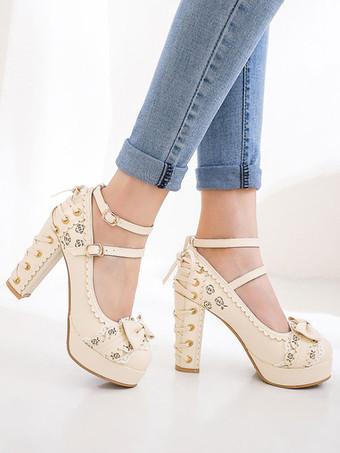 アプリコット甘いロリータシューズラウンドトゥレースアップPUレザーロリータパンプス