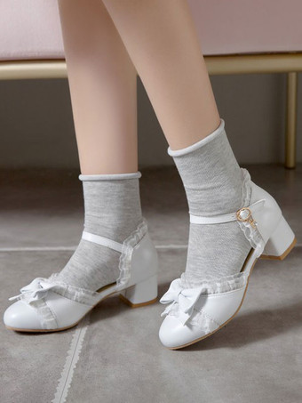ホワイト 甘いロリータシューズリボンPUレザーチャンキーヒールロリータパンプス