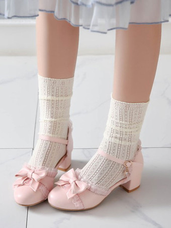 甘いロリータシューズリボンPUレザーチャンキーヒールロリータパンプス