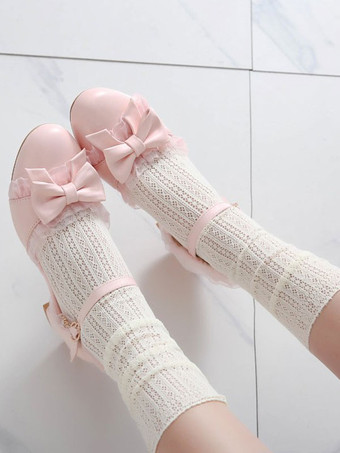 甘いロリータシューズリボンPUレザーチャンキーヒールロリータパンプス