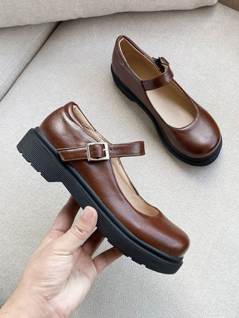 ロリータシューズコーヒーブラウンラウンドトゥPUレザーロリータパンプス