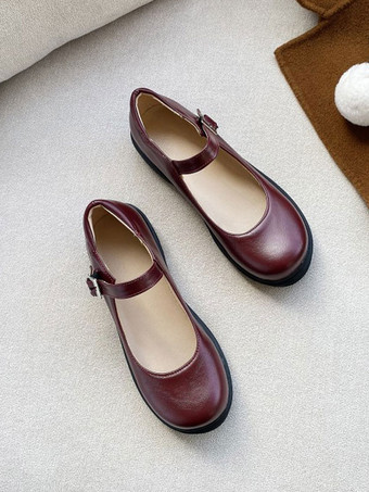 ロリータシューズコーヒーブラウンラウンドトゥPUレザーロリータパンプス