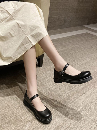 ブラック ロリータシューズコーヒーブラウンラウンドトゥPUレザーロリータパンプス