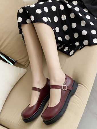 ロリータシューズコーヒーブラウンラウンドトゥPUレザーロリータパンプス