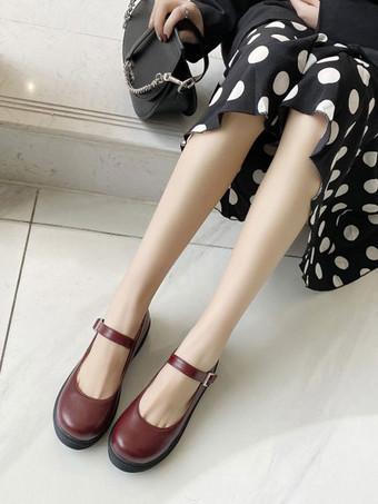 ワインレッド ロリータシューズコーヒーブラウンラウンドトゥPUレザーロリータパンプス