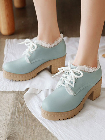 ライトスカイブルー甘いロリータシューズラウンドトゥチャンキーヒールPUレザーロリータシューズ