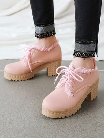 甘いロリータシューズラウンドトゥチャンキーヒールPUレザーロリータシューズ